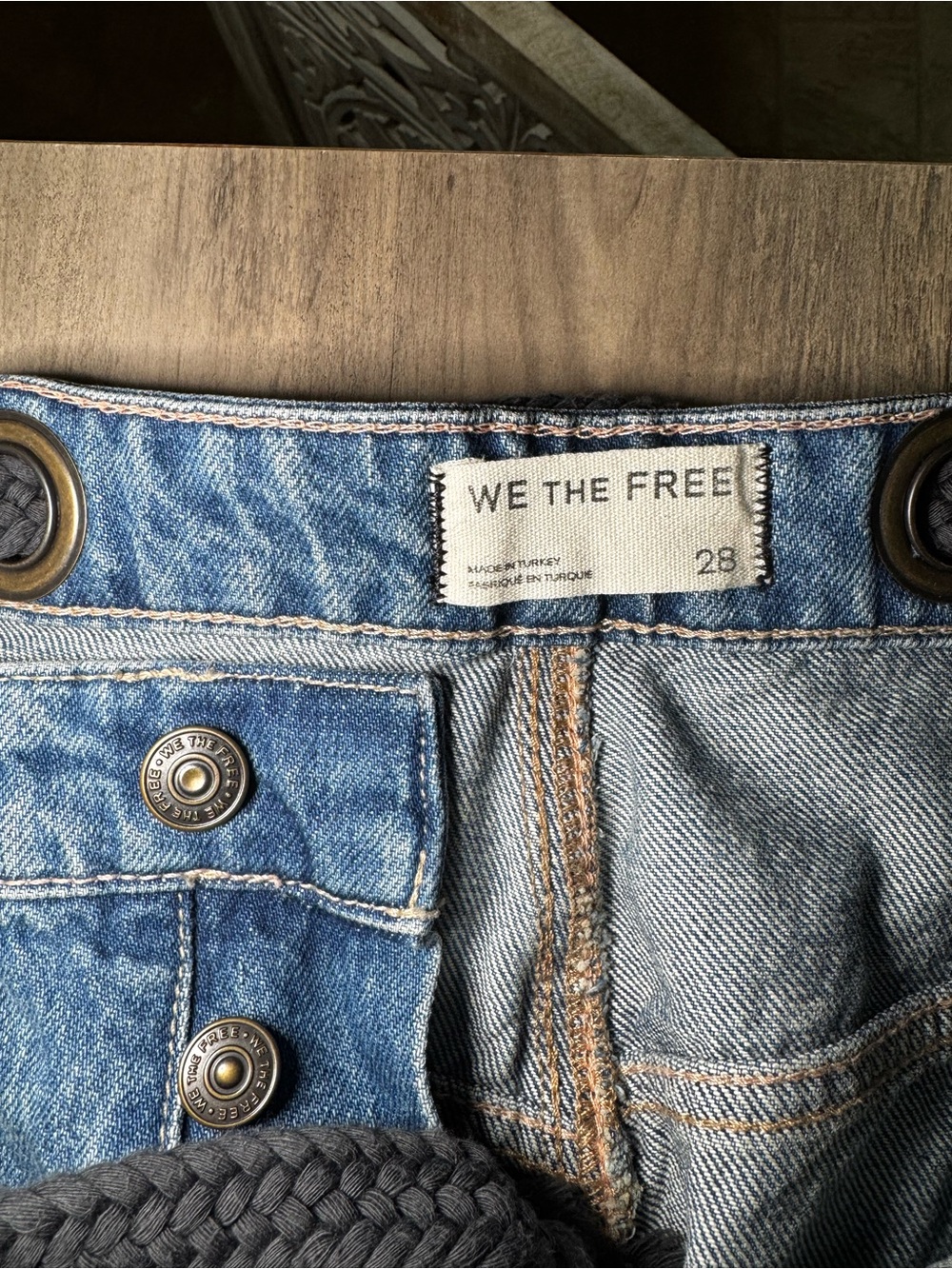 We The Free Moxie Barrel Jeans Blue Relaxed Patchwork Drawstring Jeans - Picture 4 of 8